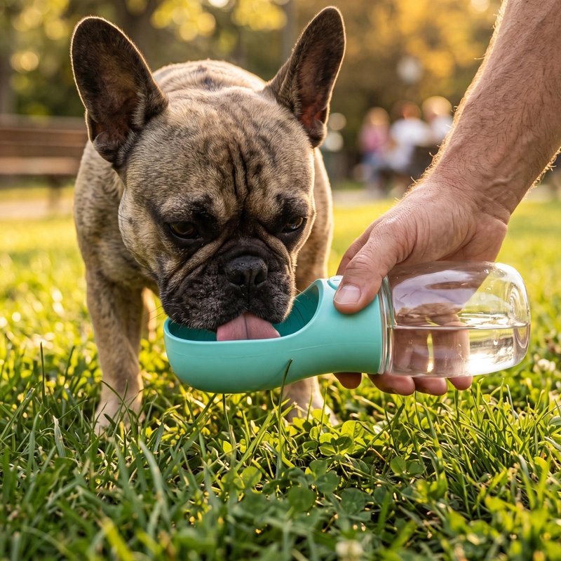 Gourde Chien pog s'abreuvant avec sa gourde verte dans un parc