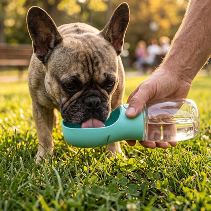 Gourde Chien pog s'abreuvant avec sa gourde verte dans un parc