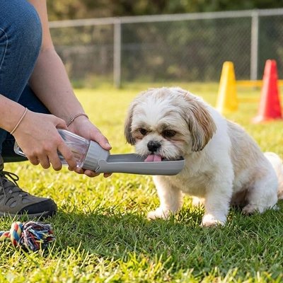 Gourde Chien shih tzu s'abreuvant avec la boutielle grise