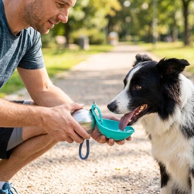 Gourde pour Chien berger australien s'abreuvant avec la bouteille thermos bleu