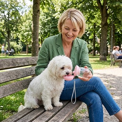 Gourde pour Chien bichon entrain de boire sur un banc de parc