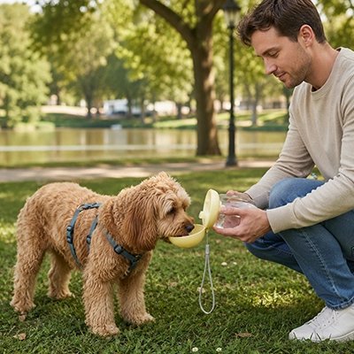 Gourde pour Chien chien caniche buvant de l'eau dans un parc avec sa gourde