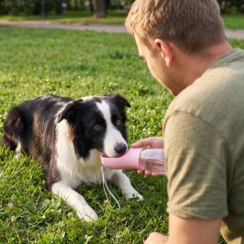 Gourde pour Chien chien de berger s'abreuvant avec sa gourde rose 