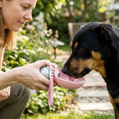 Gourde pour Chien chien rottweiler s'abreuvant avec la bouteille thermos rose
