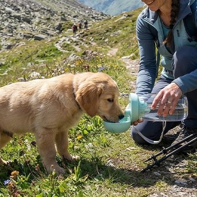 Gourde pour Chien chiot s'abreuvant dans un parc avec sa gourde