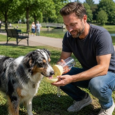 Gourde pour Chien colley buvant de l'eau dans un parc avec son maitre