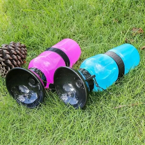 Gourde pour chien​ dèmonstration des deux couleurs de gourde bleu et rose