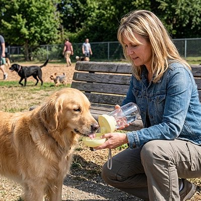 Gourde pour Chien femme abreuvant son golden retriver avec la gourde dans un parc