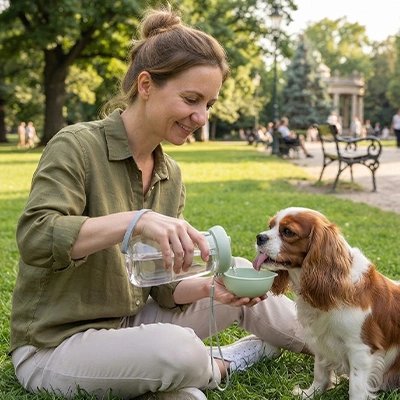 Gourde pour Chien femme servant de l'eau a son cocker dans un parc