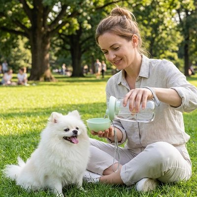 Gourde pour Chien femme servant de l'eau a son pomenarien