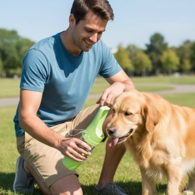 Gourde pour Chien golden retriver buvant dans sa gourde verte