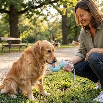 Gourde pour Chien golden retriver entrain de boire avec sa gourde dans un parc