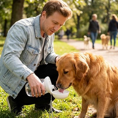 Gourde pour Chien golden retriver s'abreuvant avec sa gourde dans un parc a chien