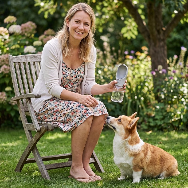 Gourde pour Chien gorky regardant sa maitresse qui tien sa gourde grise