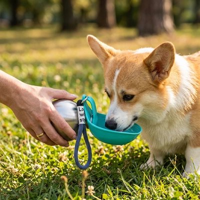 Gourde pour Chien gorky s'abreuvant avec la bouteille thermos bleu