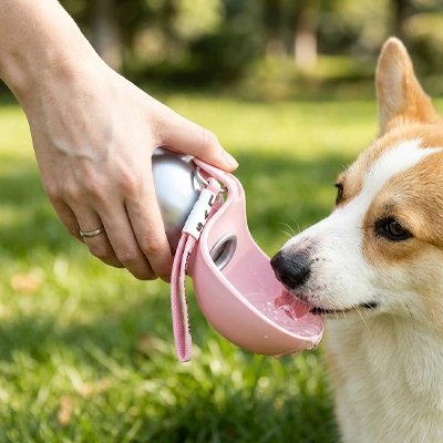 Gourde pour Chien gorky s'abreuvant avec la bouteille thermos rose