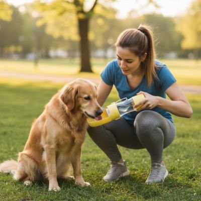 Gourde pour Chien labrador au parc buvant avec sa gourde jaune