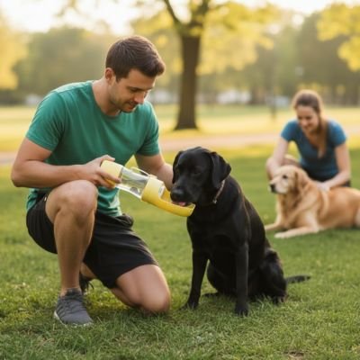 Gourde pour Chien labrador noir buvant de l'eau dans un parc