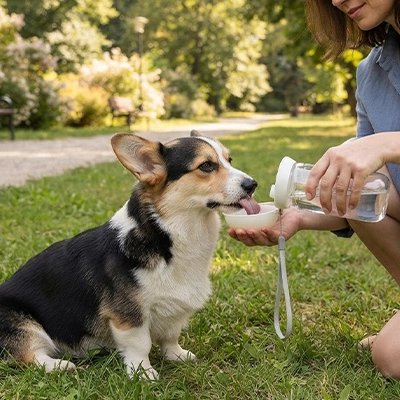 Gourde pour Chien morky buvant avec sa gourde dans un parc