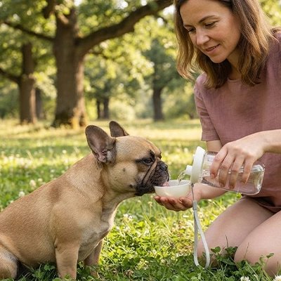 Gourde pour Chien pog s'abreuvant avec sa gourde durant sa promenade