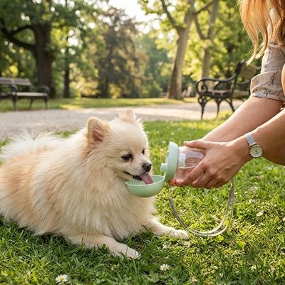 Gourde pour Chien pomenarien buvant de l'eau durant sa promenade