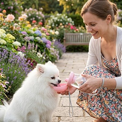 Gourde pour Chien pomeranien blanc s'abreuvant avec la gourde dans un parc