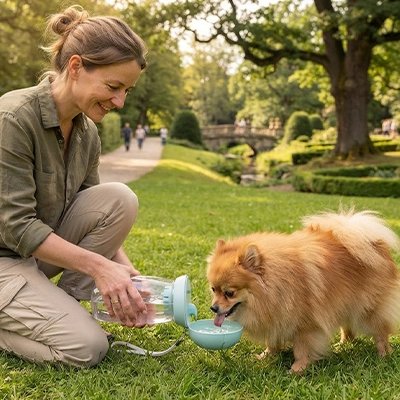 Gourde pour Chien pomeranien blanc s'abreuvant avec la gourde dans un parc
