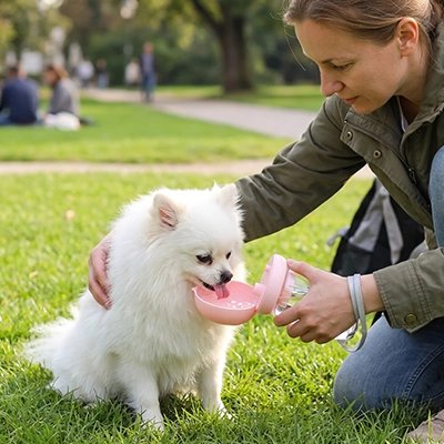 Gourde pour Chien pomeranien blanc s'abreuvant avec la gourde dans un parc