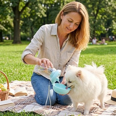 Gourde pour Chien  pomeranien blanc s'abreuvant avec la gourde dans un parc