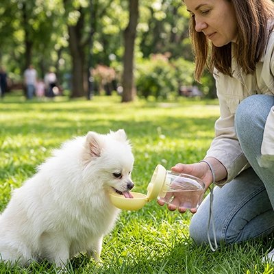Gourde pour Chien poméranien blanc s'abreuvant dans un parc avec la gourde