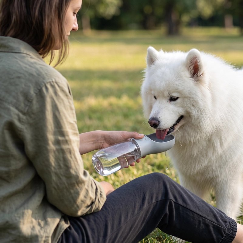 Gourde pour Chien pomménarien s'abreuvant avec sa goude grise dans un parc