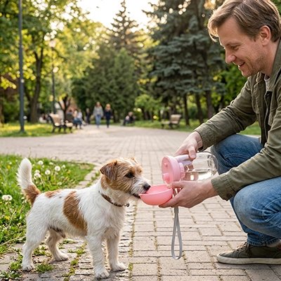 Gourde pour Chien terrier entrain de boire avec sa gourde dans un parc