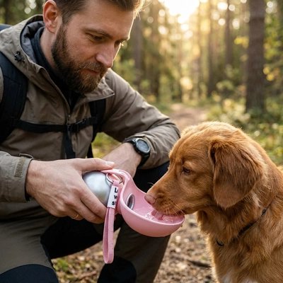 Gourde pour chiot golden retriver s'abreuvant avec la bouteille thermos rose