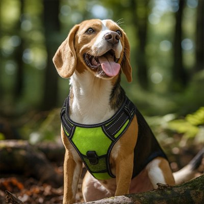 Harnais chien beagle assis en foret avec son harnais vert