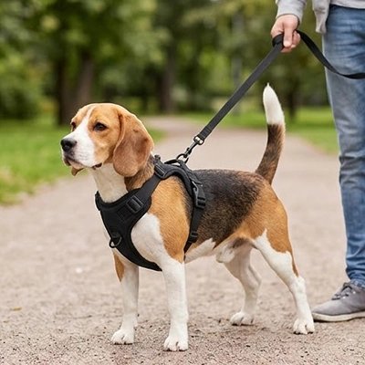 Harnais chien beagle en promenade avec son harnais noir 