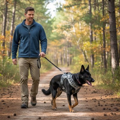 Harnais chien berger allemand ave son harnais vert armée dans la foret