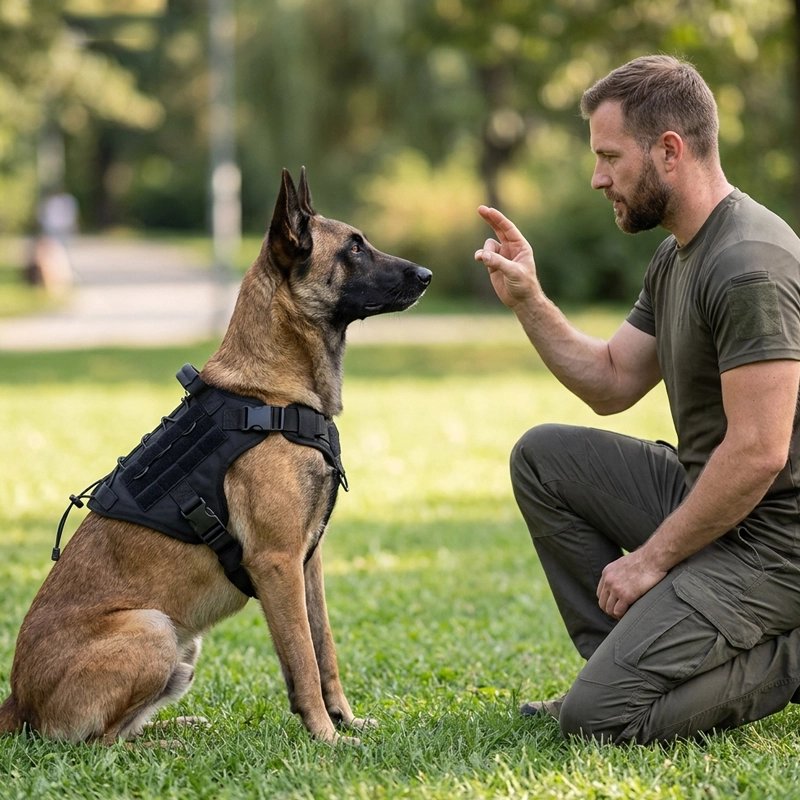 Harnais chien berger allemand avec son maitre assis en entrainemant et son harnais noir