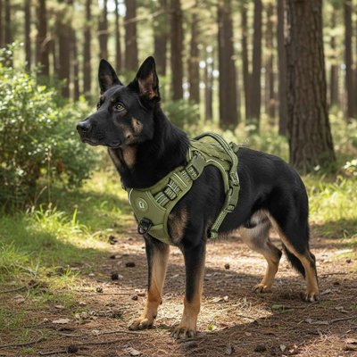 Harnais chien berger allemand dans la forets avec son harnais kaki