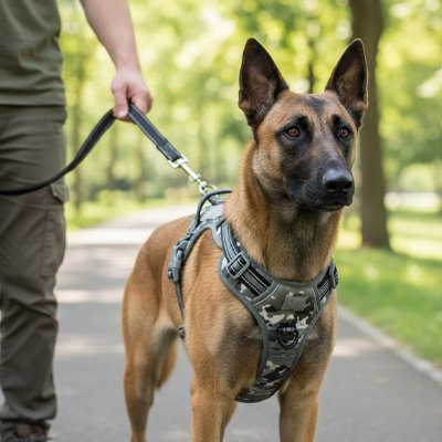 Harnais chien berger allemand en promenade avec son harnais vert armée