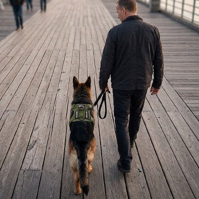 Harnais chien berger allemand en promenade de dos montrant le port du harnais