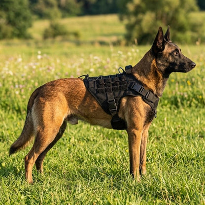 Harnais chien berger allemand qui porte son harnais noir en campagne