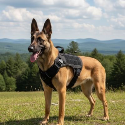 Harnais chien berger allemand sur un colline avec son harnais noir