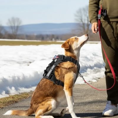 Harnais chien chien brun avec son harnais noir assis près de son maitre