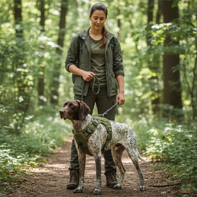Harnais chien chien de chasse abec son harnais kaki dans la foret