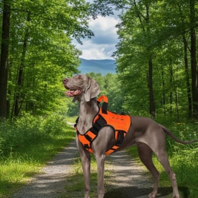 Harnais chien chien de chasse dans la foret avec son harnais orange