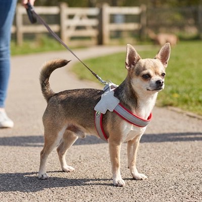 Harnais chien chiwawa beige avec son harnais gris/rouge