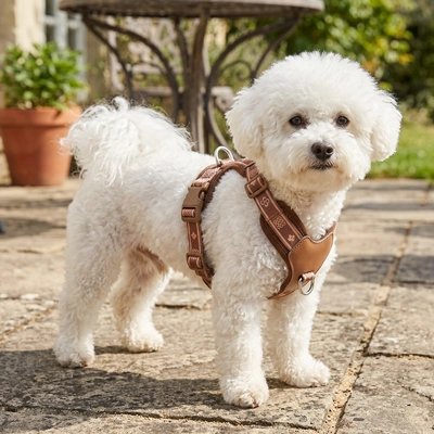 Harnais chien en Y bichon fier de porter son harnais brun
