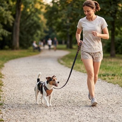 Harnais chien en Y femme fesant son jogging avec son chien et son harnais brun