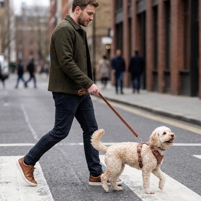 Harnais chien en Y homme promenant son chien friser avec son harnais brun