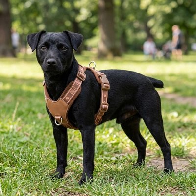 Harnais chien en Y pog noir fier de porter son harnais brun en cuir
